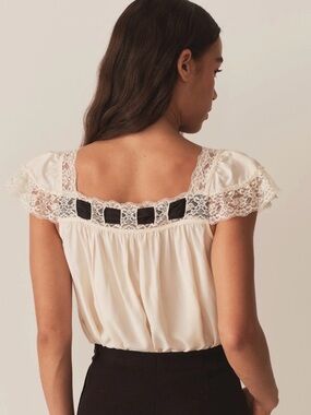 Doen Ivory Lace-Trim Blouse with Black Ribbon Insets - Anaya Blouse NWT
